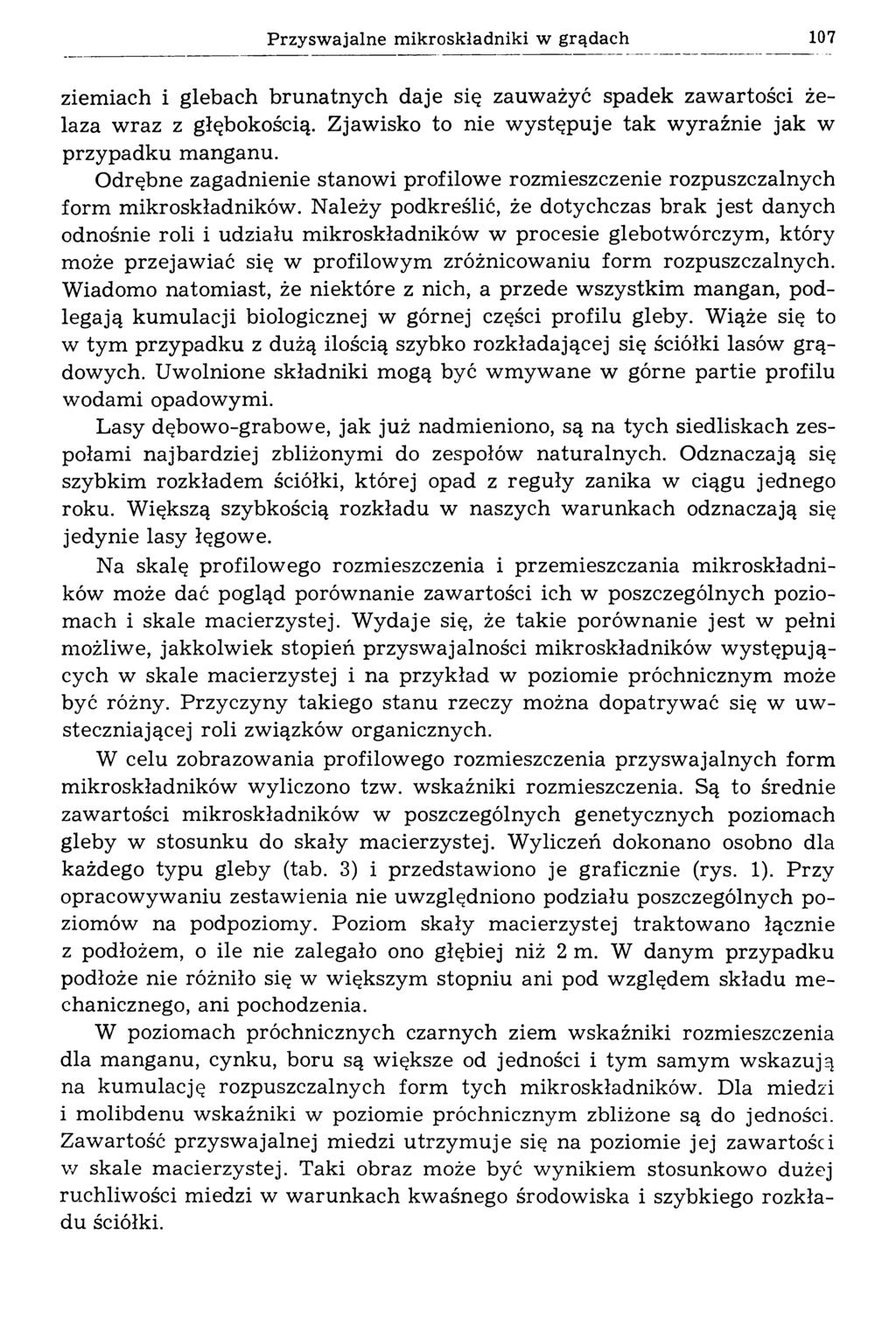Przyswajalne mikroskładniki w grądach 107 ziem iach i glebach b ru n atn y c h daje się zauw ażyć spadek zaw artości żelaza w raz z głębokością.