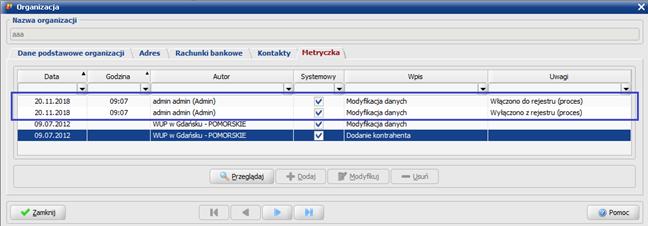 Okno SY0170L Lista organizacji. Zmodyfikowane zostały: Proces wyłączania organizacji z rejestru.