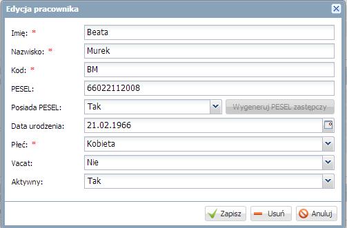 wybranego pracownika w drzewie danych.