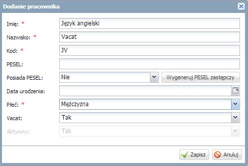 18 Materiały dla uczestnika instruktażu W pozycji Płeć wskaż za pomocą listy rozwijalnej np. Mężczyzna; W pozycji Vacat wskaż T-tak; Kliknij Zapisz.