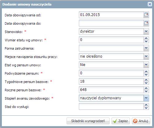 34 Materiały dla uczestnika instruktażu 5. Kliknij przycisk Składniki wynagrodzeń wyświetli się formularz Dodawanie składników wynagrodzeń. 6.