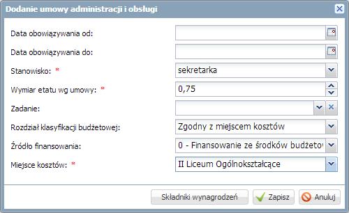 Opracowanie arkusza organizacyjnego 35 Ćwiczenie 3. Rejestrowanie umów administracji obsługi Zarejestrujemy teraz umowę dla pracownika administracji i obsługi - dla pani Beaty Murek. 1.