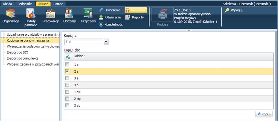 Opracowanie arkusza organizacyjnego 41 1. Na wstążce dostępnej z menu Arkusz kliknij przycisk Narzędzia i w drzewie danych wybierz pozycję Kopiowanie planów nauczania. 2.