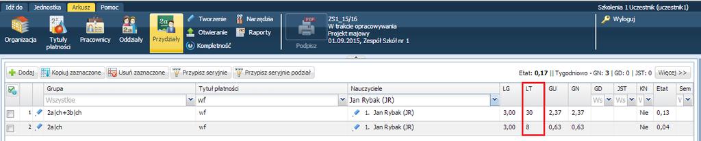 50 Materiały dla uczestnika instruktażu 5. W wierszu Tygodnie, w polu Realizacji (LT) wpisz liczbę 30- liczba tygodni, w których odbędą się zajęcia zarówno dla chłopców 2a, jak i 3b.