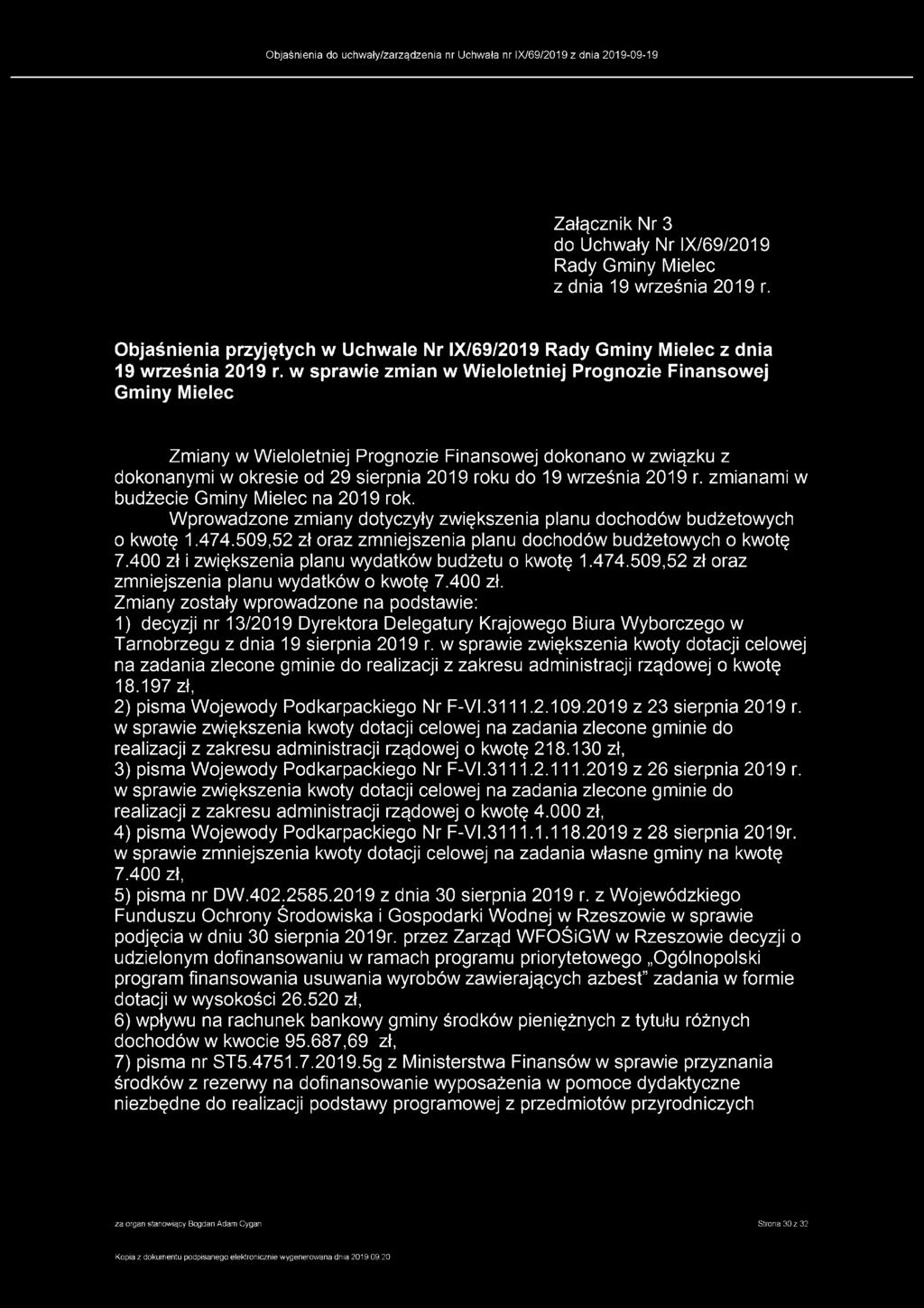 w sprawie zmian w Wieloletniej Prognozie Finansowej Gminy Mielec Zmiany w Wieloletniej Prognozie Finansowej dokonano w związku z dokonanymi w okresie od 29 sierpnia 2019 roku do 19 września 2019 r.