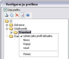 Można ustawić różne profile ustawień prefiksu dla różnych projektów. Wybrany profil należy ustawić jako aktualny.