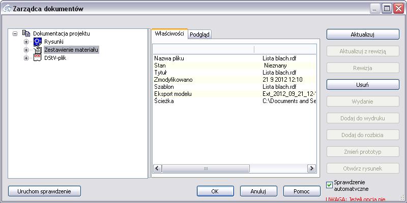 Zarządzanie dokumentem zestawienia materiałowe Uporządkowane zestawienia materiałów, podobnie jak rysunki oraz pliki do maszyn są powiązane z modelem oraz wyświetlone w Zarządcy dokumentów.
