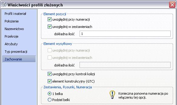 Przed utworzeniem zestawienia oraz rysunków należy zdecydować, czy profil złożony ma być traktowany, jako całość, czy jako oddzielne profile.