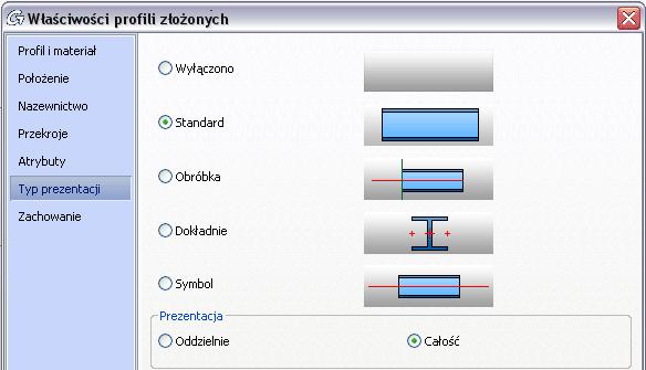 Profile spawane mają dostępne dodatkowe dwa typy prezentacji: Całość: podczas obróbki podcinany jest cały przekrój (wszystkie spawane elementy).