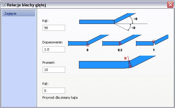 Relacja między dwoma blachami może być zmodyfikowana w oknie właściwości. Aby uzyskać dostęp do właściwości gięcia kliknij dwukrotnie na czerwony symbol relacji gięcia.