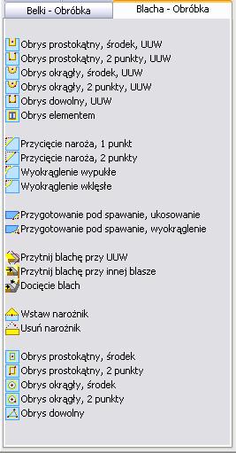 Obróbka blachy Paleta narzędzi Blacha - obróbka grupuje opcje służące do podcinania oraz obróbki blach.