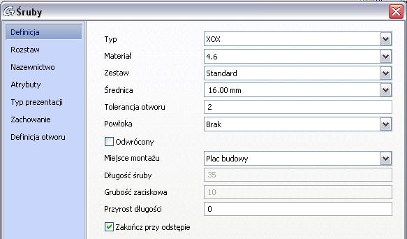 Wzorzec śrub został wstawiony i pojawia się okno właściwości: Rysunek 107: Okno "Śruby", zakładka Definicja W oknie właściwości można modyfikować następujące dane: Definicja: norma, materiał (klasa),