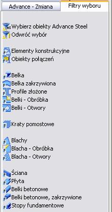 Filtr obiektu Filtry obiektów Advance działają dla wybranych elementów lub dla całego modelu. Zaznacz fragment modelu a następnie użyj jednego z filtrów wyboru.