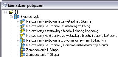 Rysunek 136: Zakładka Biblioteka - Naroże ramy na środniku słupa, śrubowane ze wstawką Jeżeli nowe elementy łączone danym rodzajem połączenia odpowiadają zapisowi w tabeli, to połączenie zostanie