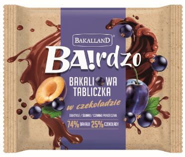 II. BA!rdzo Bakaliowa Tabliczka Daktyle/Śliwki/Czarna porzeczka BA!rdzo Bakaliowa Tabliczka w czekoladzie to innowacyjny wymiar słodyczy od lidera rynku bakalii, firmy Bakalland.