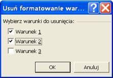 Jeśli chcemy usunąć formatowanie warunkowe, zaznaczamy obszar, na którym formatowanie ma być usunięte, wybieramy z Menu: Format