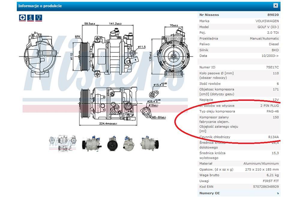 Oznaczenie typu i ilości oleju jakim zalana jest fabrycznie sprężarka Nissens (www.nissens.com.