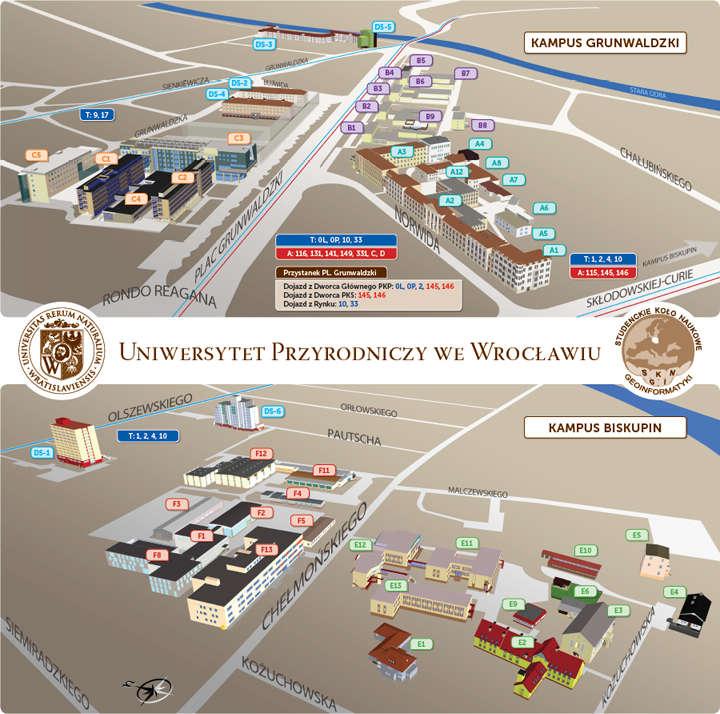 Zdjęcia i informacje graficzne Plan przedstawiający lokalizacje obiektów Uniwersytetu Przyrodniczego