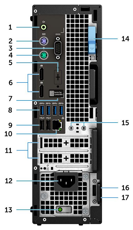 Widok z tyłu 1. Złącze wyjścia liniowego 2. Port PS/2 klawiatury 3. Port szeregowy 4. Port myszy PS/2 5. Alternatywny tryb DisplayPort / HDMI 2.0 / VGA / USB Type-C (opcjonalnie) 6. DisplayPort * 2 7.