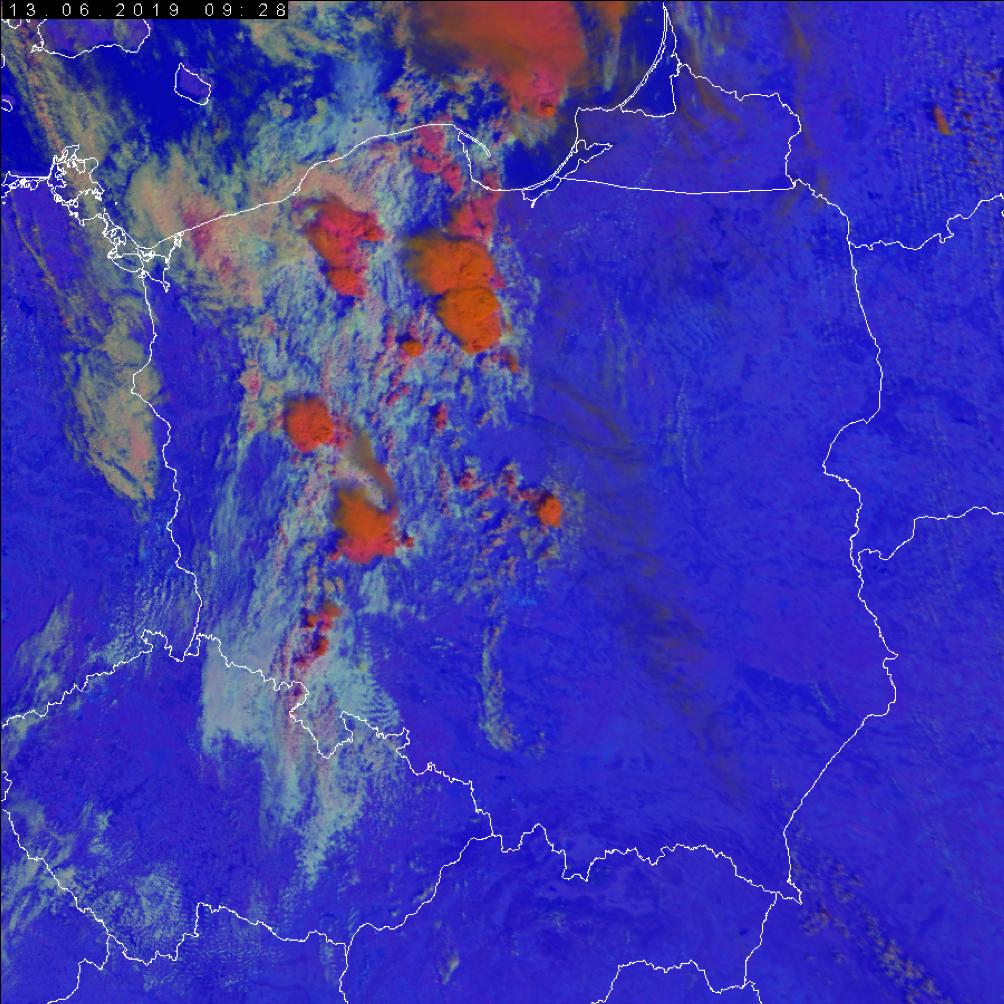 Obraz z satelity MetOp-A chmury burzowe nad Polską, 13 czerwca 2019 roku. Fot.