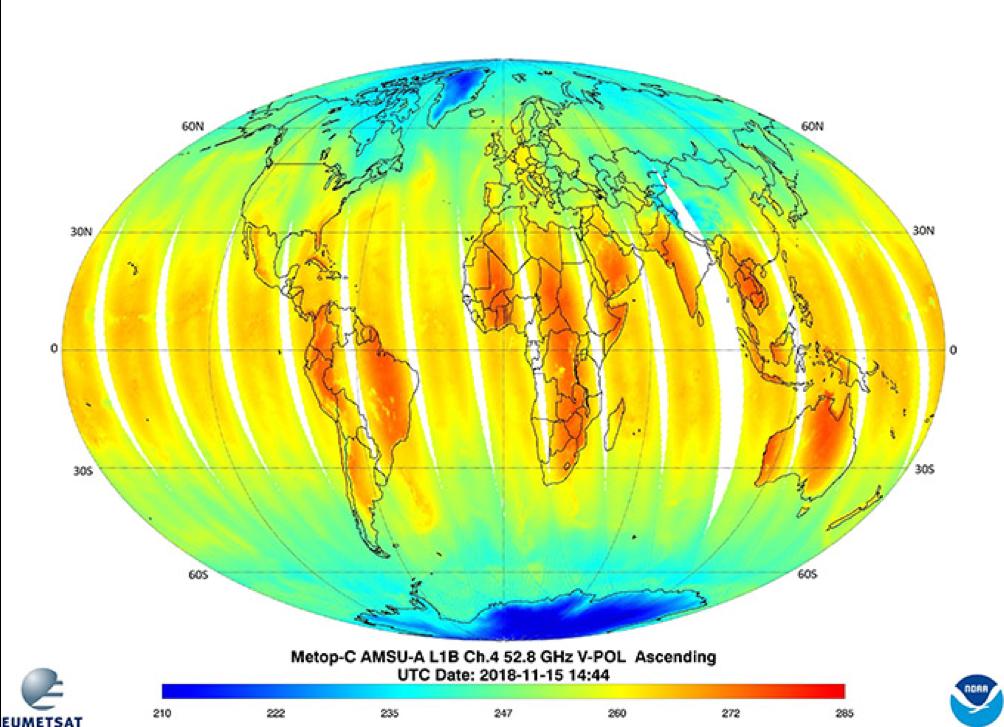 Obejmująca całą Ziemię mapa temperatury na 52,8 GHz dane z MetOp-C.