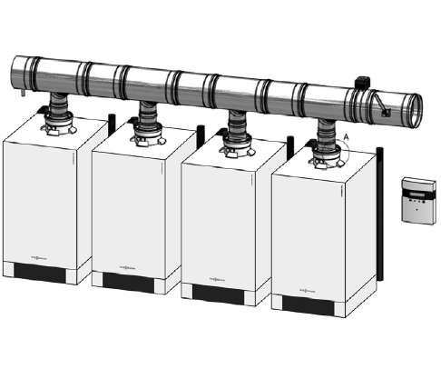 Dane techniczne Systemy kominowe ze stali szlachetnej dla czterech kotłów wiszących Vitodens 200-W pracujących w układzie kaskadowym, ustawienie szeregowe Dane techniczne, instalowanie i wymiary