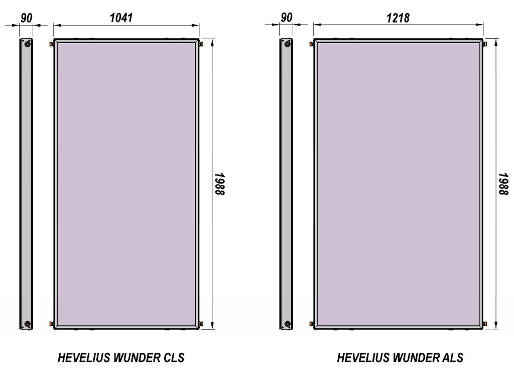 2.3. DANE TECHNICZNE KOLEKTORÓW HEVELIUS WUNDER CLS/ALS Parametr Jednostka Wartość Wartość Model kolektora - HEVELIUS WUNDER CLS 2108 HEVELIUS WUNDER ALS 2512 Szerokość mm 1041 1218 Długość mm 1988