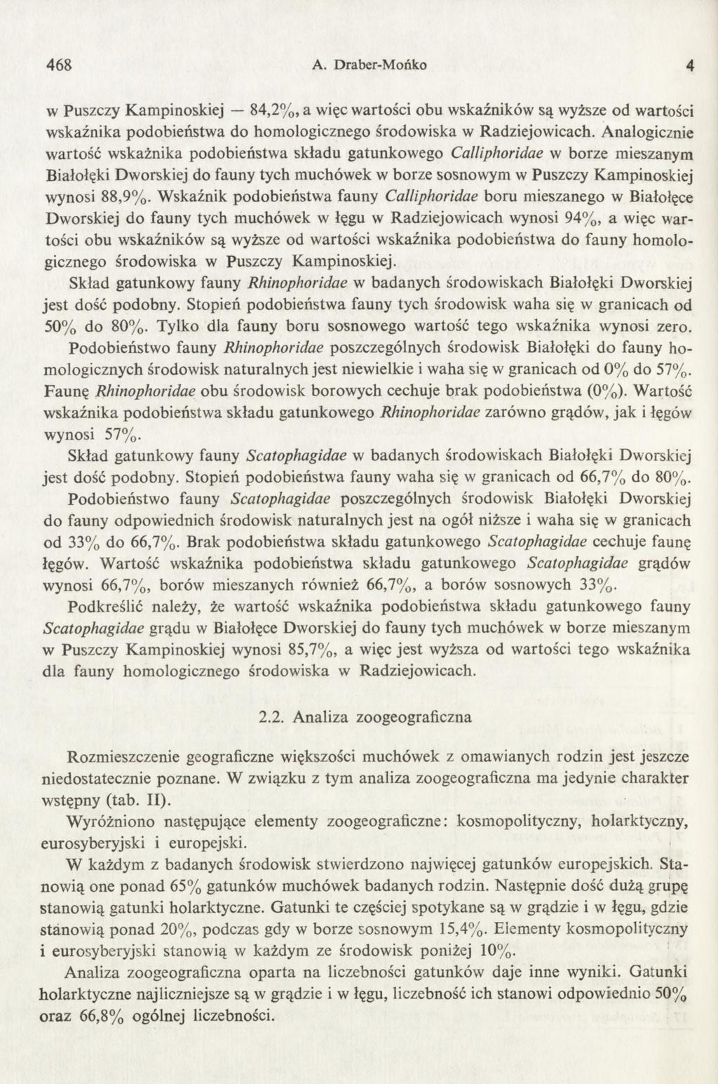 468 A. Draber-M ońko 4 w Puszczy Kampinoskiej 84,2%, a więc wartości obu wskaźników są wyższe od wartości wskaźnika podobieństwa do homologicznego środowiska w Radziejowicach.