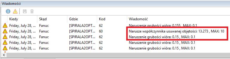 Symulacja obróbki po zapisani powyższych parametrów dla narzędzia. Odczytanie komunikatów w pasku wiadomości.