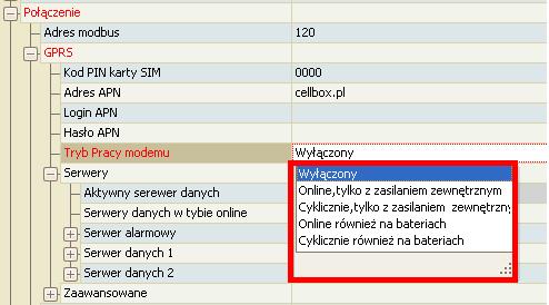 Można również określić, czy urządzenie może włączać modem w przypadku pracy na bateriach wewnętrznych.