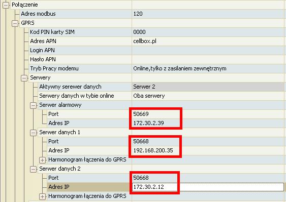 Dla wszystkich trzech serwerów należy skonfigurować IP oraz port na który będzie łączyło się urządzenie.