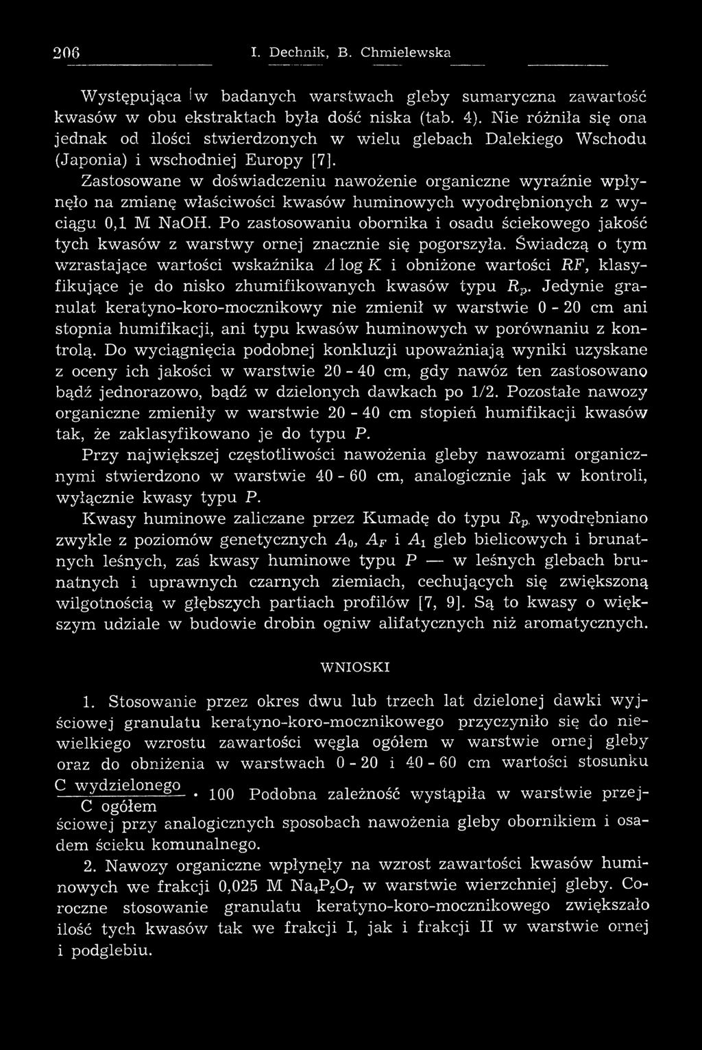 Zastosowane w doświadczeniu nawożenie organiczne w yraźn ie w p ły nęło na zmianę właściwości kw asów hum inowych w yodrębnionych z w y ciągu ОД M NaOH.