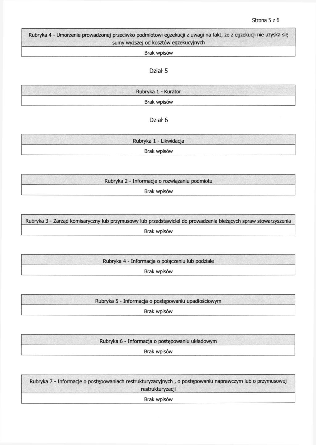 Strona 5 z 6 Rubryka 4 - Umorzenie prowadzonej przeciwko podmiotowi egzekucji z uwagi na fakt, że z egzekucji nie uzyska się sumy wyższej od kosztów egzekucyjnych Dział 5 Rubryka 1 - Kurator Dział 6