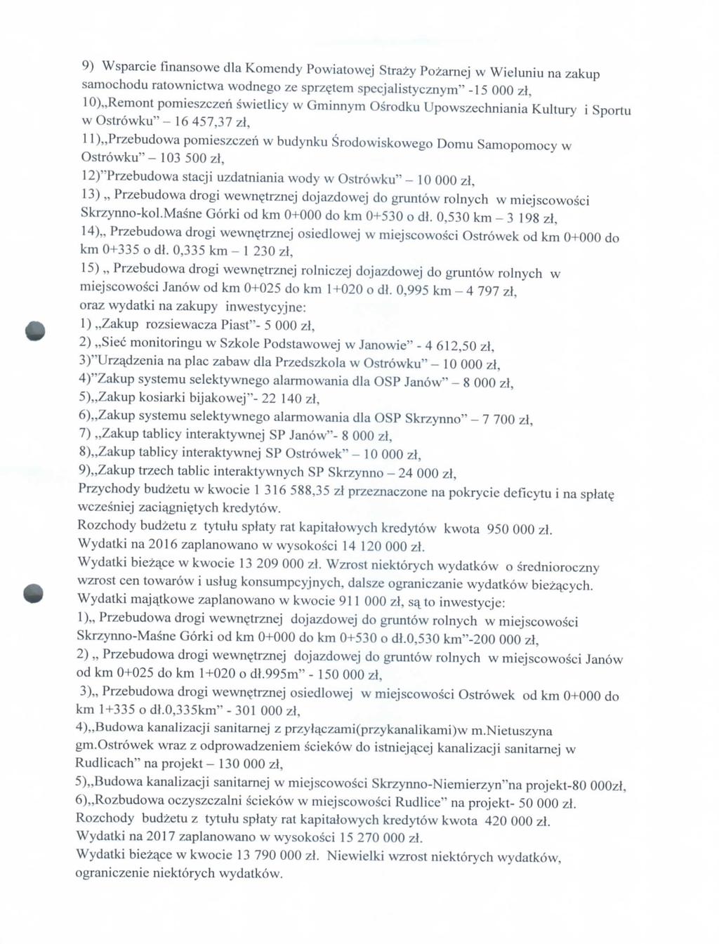 9) Wsparcie fmanswe dla Kmendy Pwiatwej Strazy Pzarnej w Wieluniu na zakup samchdu ratwnictwa wdneg ze sprze_tem spccjalistycznym" -15 000 zt, 10),,Remnt pmieszczeri swietlicy w Gminnym Osrdku