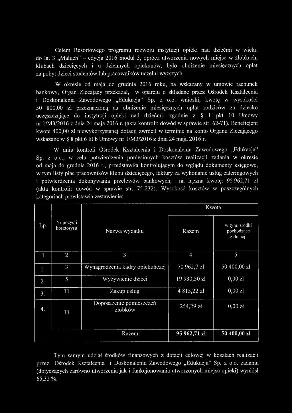 W okresie od maja do grudnia 2016 roku, na wskazany w umowie rachunek bankowy, Organ Zlecający przekazał, w oparciu o składane przez Ośrodek Kształcenia i Doskonalenia Zawodowego Edukacja Sp. z o.o.