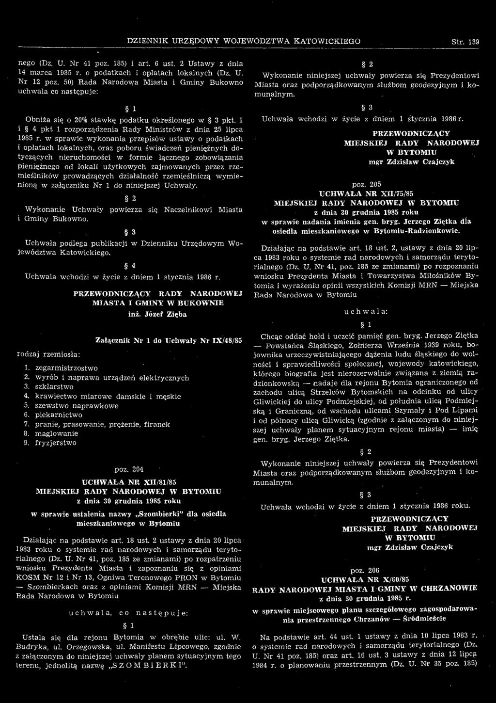 5 3 Uchwała podlega publikacji w Dzienniku Urzędowym Województwa Katowickiego. 4 Uchwala wchodzi w życie z dniem 1 stycznia 1986 r. rodzaj rzemiosła: RADY NARODOWEJ MIASTA I GMINY W BUKOWNIE inż.