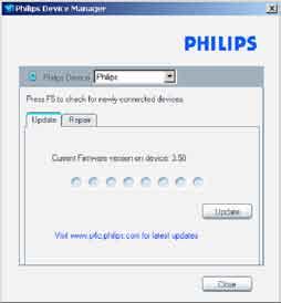Program Philips Device Manager umożliwia sprawdzenie, czy w Internecie jest dostępna aktualizacja oprogramowania sprzętowego.