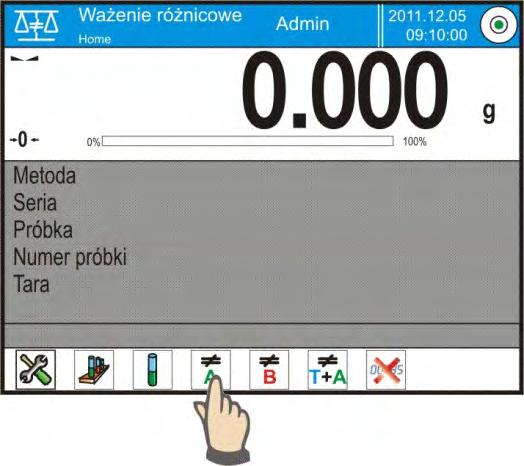 Ważenie (T+A) Ważenie pojemnika na próbkę (tarowanie) i ważenie próbki (czynności następujące po sobie). Ważenie B Ważenie masy końcowej dla próbki.