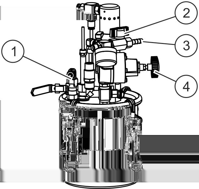 Instrukcja obsługi T-Dok-289-PL-Rev. 2 Rys. 3: Przyłącza sprężonego powietrza i materiału 1. Zamknąć zawór kulowy przyłącza sprężonego powietrza ( Rys. 3/2). 2. Zamknąć regulator ciśnienia zbiornika ( Rys.