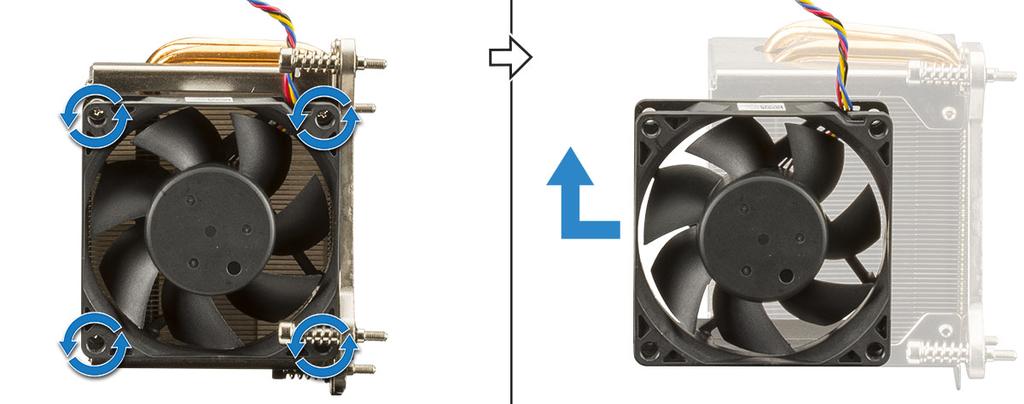4. Aby wymontować wentylator radiatora: a) Wykręć cztery śruby z wentylatora i zdejmij wentylator z radiatora. Instalowanie radiatora i jego wentylatora 1.