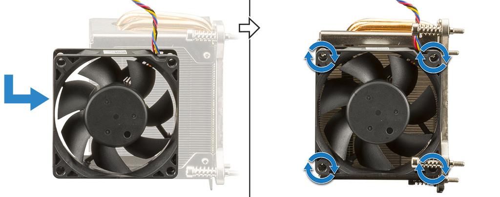 2. Aby zainstalować radiator: a) Umieść radiator na procesorze [1]. b) Wkręć 4 śruby mocujące zestaw radiatora do płyty systemowej [2].