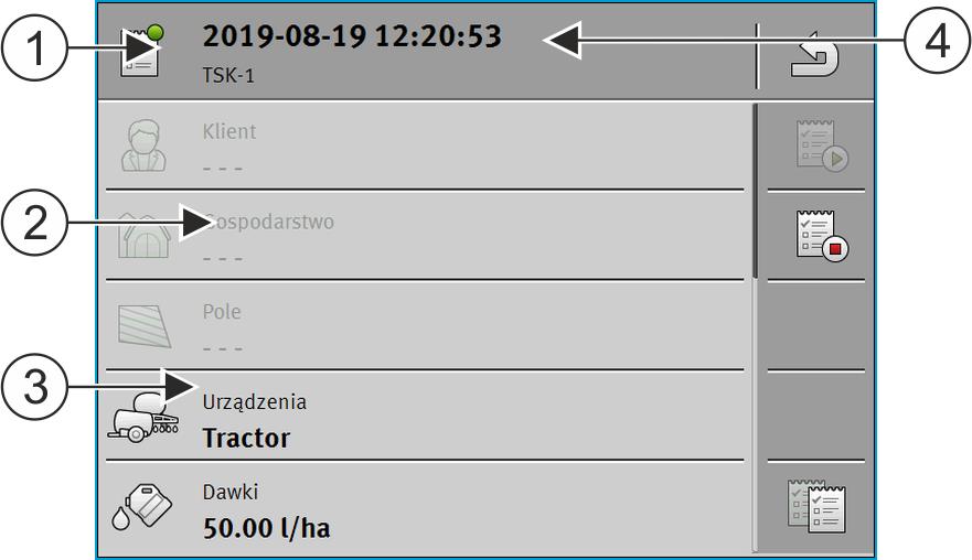 Podstawy Wygląd ekranu w aplikacji ISOBUS-TC 1 Ekran Akt. zlecenie Status zlecenia Wyszarzone parametry nie mogą zostać zmienione. Niewyszarzone parametry można zmieniać.