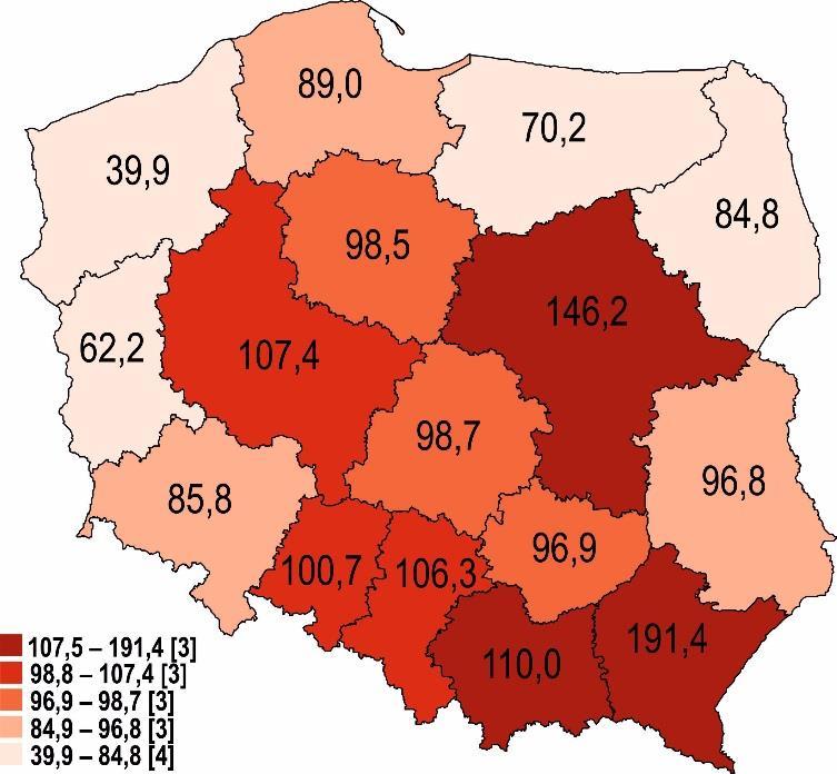 podmiotów gospodarki narodowej, w Polsce wg województw, w tym ranking województw (kolory), w 28 r.
