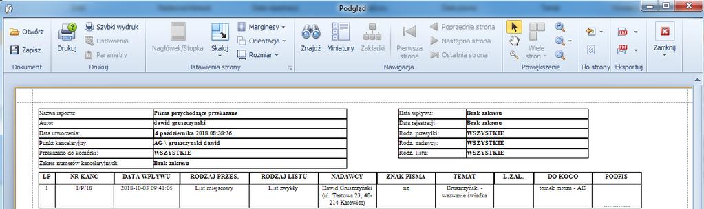 Raporty : Raport pism przychodzących przekazanych poprawiono filtr na komórkę i użytkownika oraz dodano do raportu wyświetlanie pracownika dekretującego do komórki Raport pism