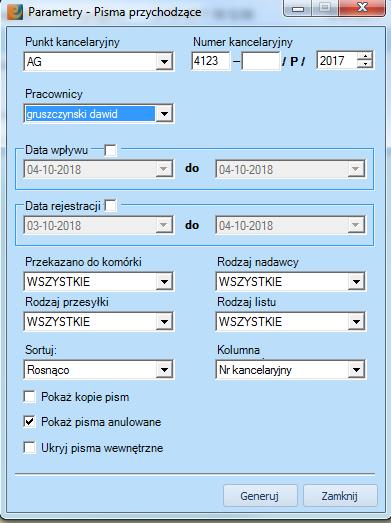 pism przychodzących/przychodzących przekazanych- ustawiono domyślny format na A4 Zmniejszenie czcionki na raportach pism przychodzących/przychodzących przekazanych Pocztowa książka