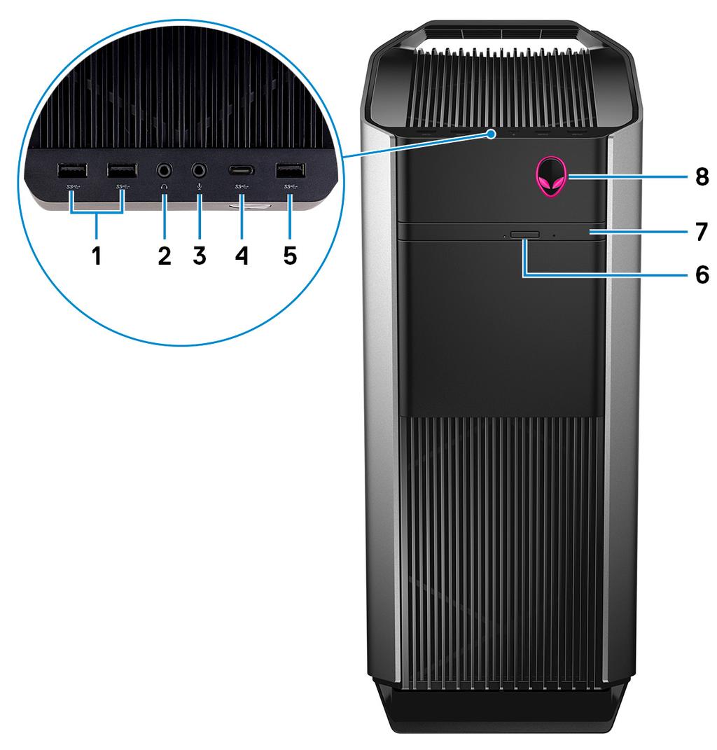 Widoki komputera Alienware Aurora R8 Przód 1 Porty USB 3.1 pierwszej generacji (2) Służy do podłączania urządzeń peryferyjnych, takich jak urządzenia pamięci masowej i drukarki.