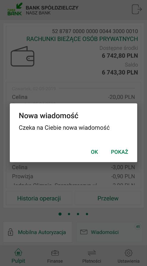 Widok podzielony jest na zlecenia Do autoryzacji i Historia zleceń autoryzacyjnych, wybierając kliknięciem wyświetlony komunikat zobaczymy szczegóły danej operacji.