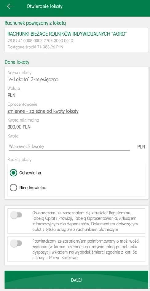 Dodatkowo użytkownik ma możliwość (pod warunkiem posiadanych uprawnień nadanych w banku): - otwarcia nowej lokaty wybierając opcję Otwórz lokatę, w kolejnym kroku wskazujemy rachunek, z którego