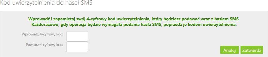 wpisaniu hasła i poprawnym zalogowaniu się do Internet Bankingu system wyświetli okno Ustawień - Kod uwierzytelnienia do haseł SMS.