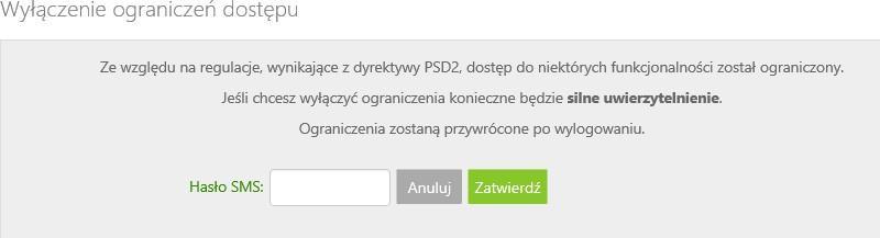 dostęp do historii rachunku starszej niż 90 dni czy przelewów zdefiniowanych, dostęp do bazy kontrahentów, rejestru zdarzeń oraz ustawień.